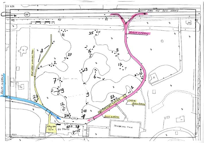 werk-Plattegrond voor de inrichting van de tentoonstelling 'Hoogspanning' in de tuinen van Raadhuis De Pauw in Wassenaar.